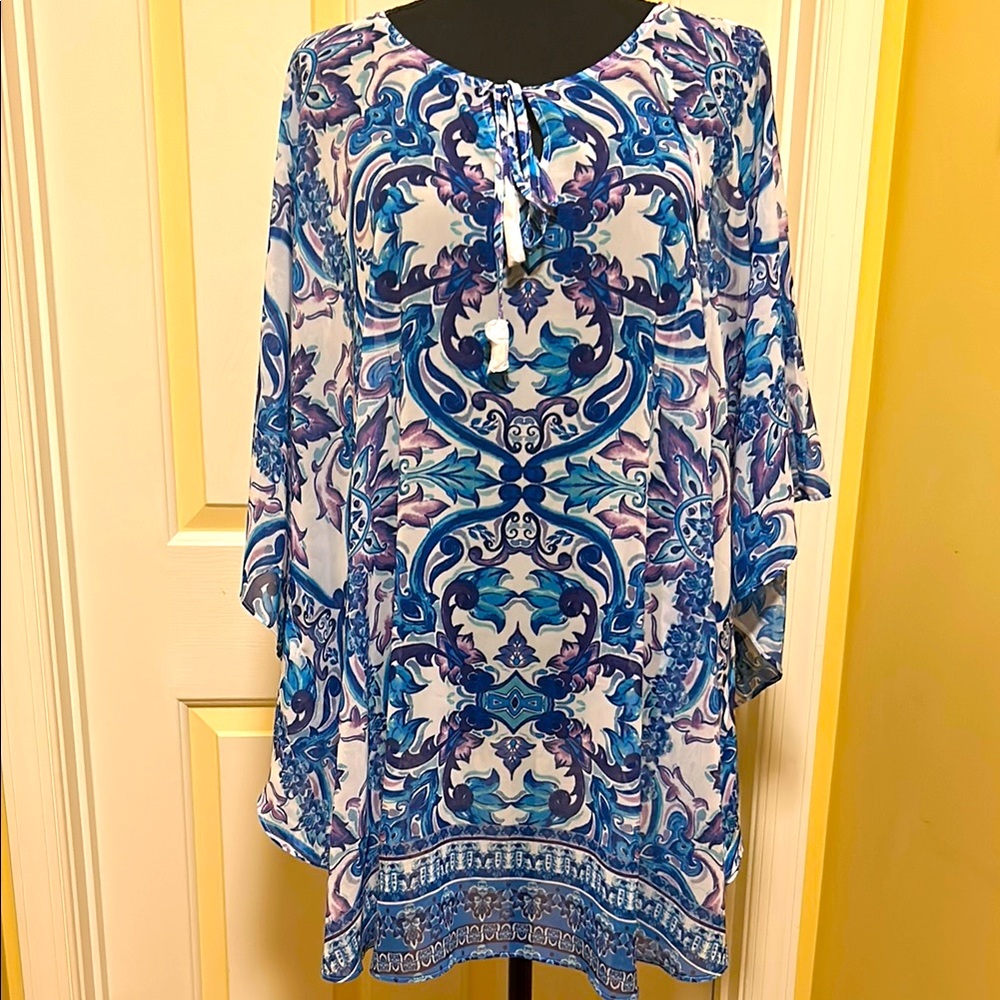 Susan Graver Blue, Purple and White Bell Sleeve Tunic NWOT.